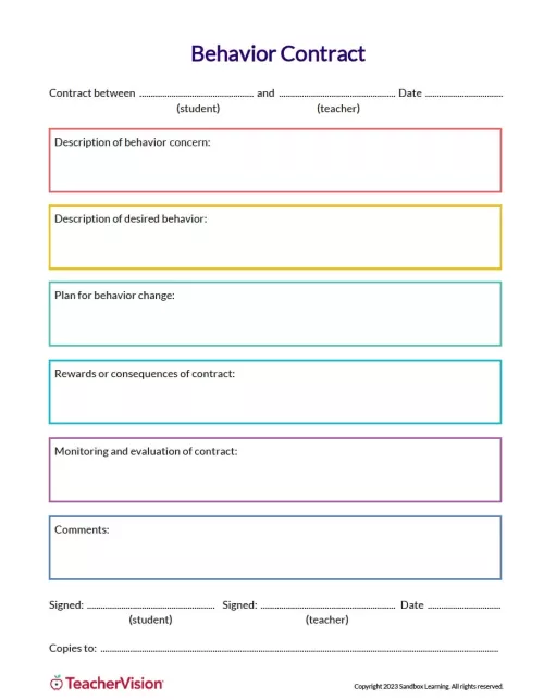 Behavior Contract Template TeacherVision